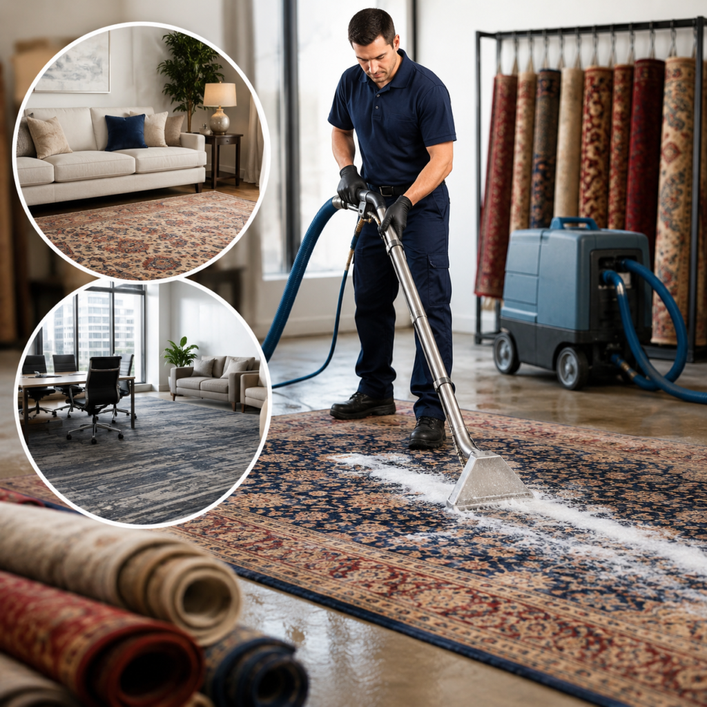 Professional rug cleaning in progress